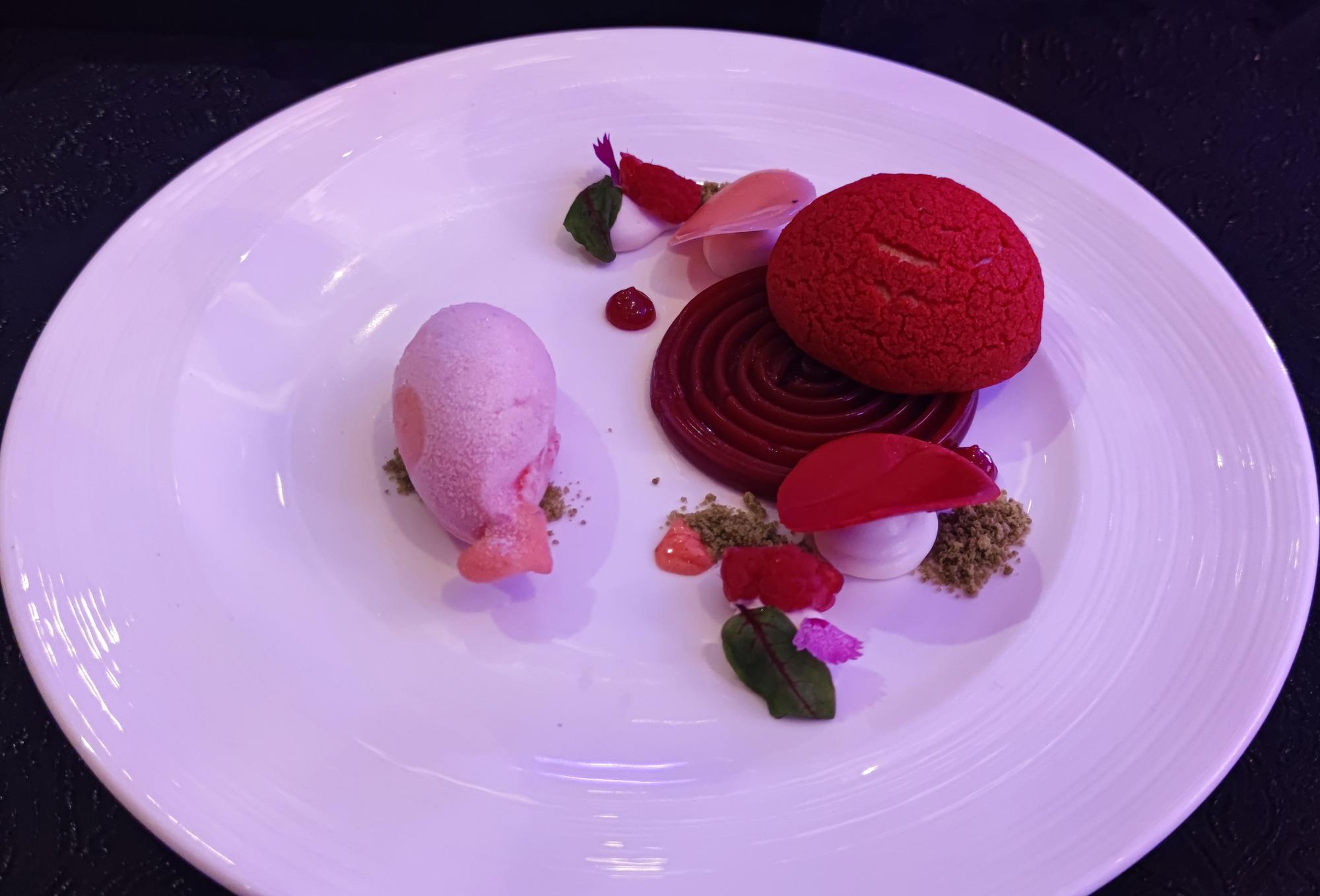Plated molecular dessert with neon glaze