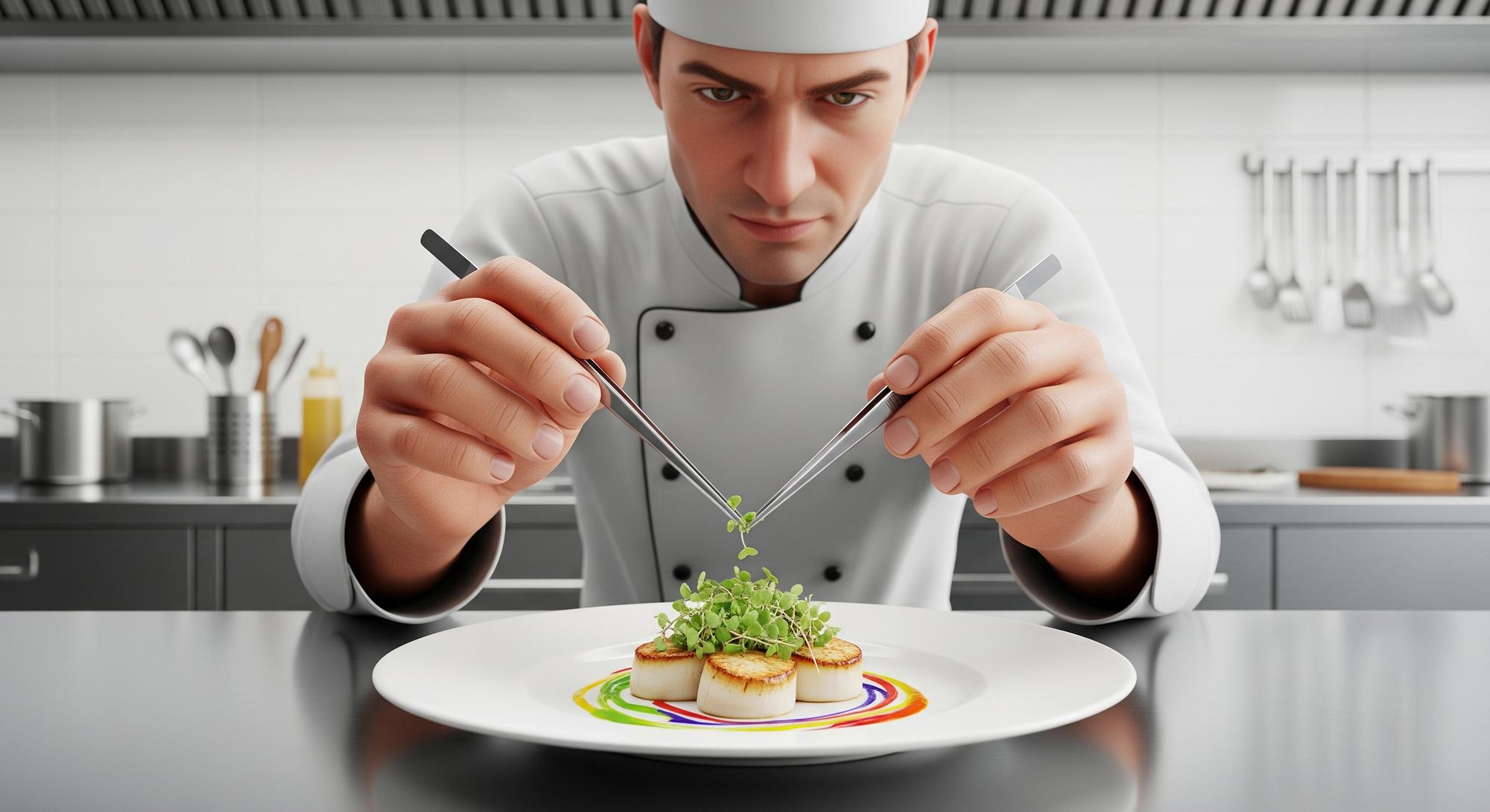 Chef preparing a futuristic plated dish with precision tools